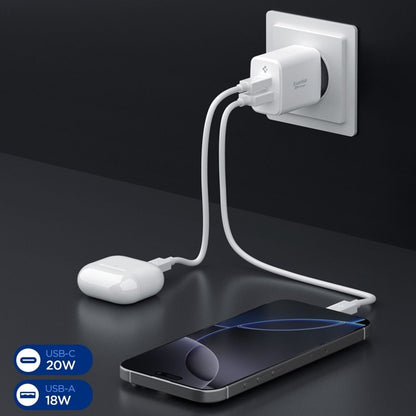 Spigen Essential EE202EU GaN Pro – Sieninis įkroviklis USB-C + USB-A 20W (Baltas)