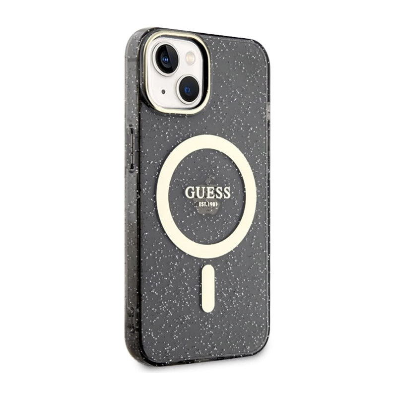 Guess Glitter Gold MagSafe – dėklas iPhone 14 (juodas)