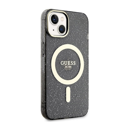 Guess Glitter Gold MagSafe – dėklas iPhone 14 (juodas)