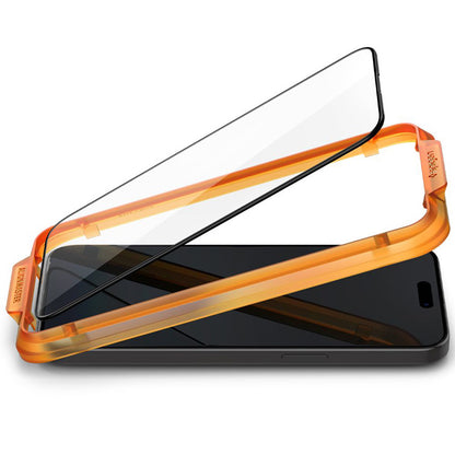 Spigen Alm Glass FC 2-Pack – Grūdintas stiklas iPhone 15 (2 vnt., juodu rėmeliu)