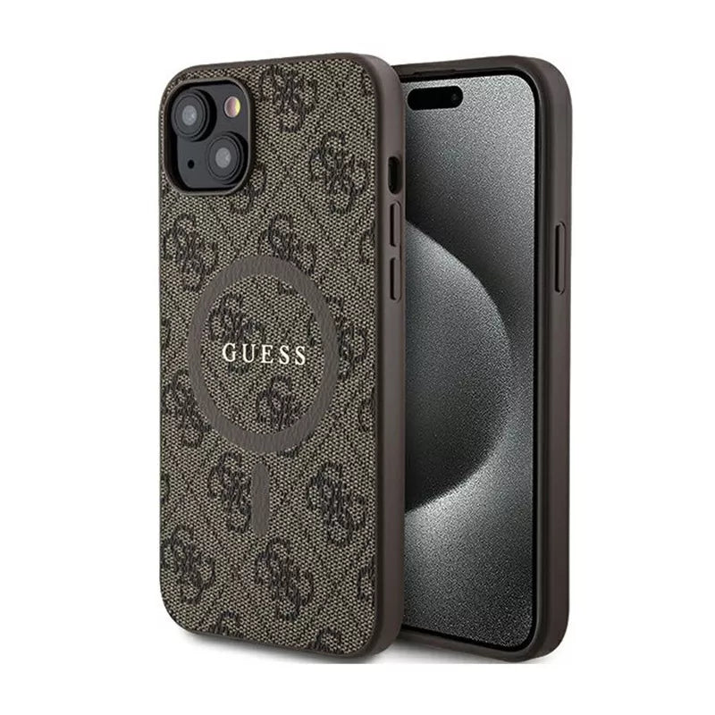 Guess 4G Collection Leather Metal Logo MagSafe – dėklas iPhone 15/14/13 (ruda)