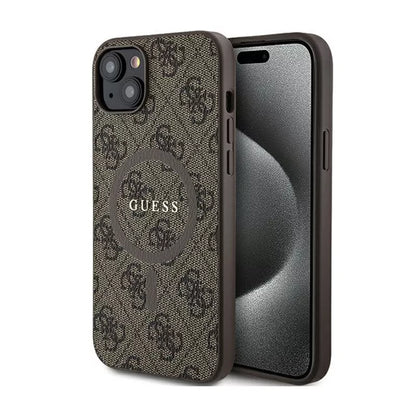 Guess 4G Collection Leather Metal Logo MagSafe – dėklas iPhone 15/14/13 (ruda)