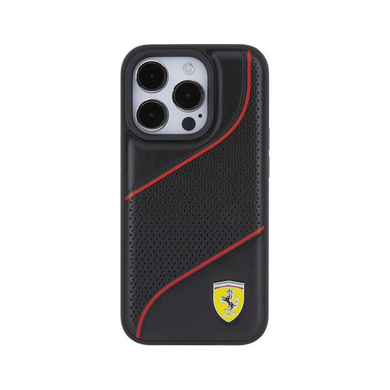 Ferrari Perforated Waves Metal Logo – iPhone 15 Pro dėklas (juodas)