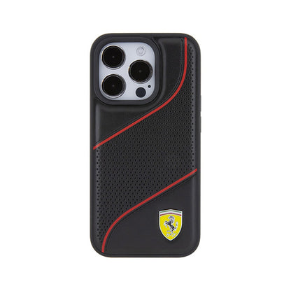Ferrari Perforated Waves Metal Logo – iPhone 15 Pro dėklas (juodas)