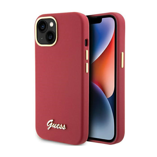 Guess Silicone Script Metal Logo & Frame - iPhone 15 dėklas (purpurinis)