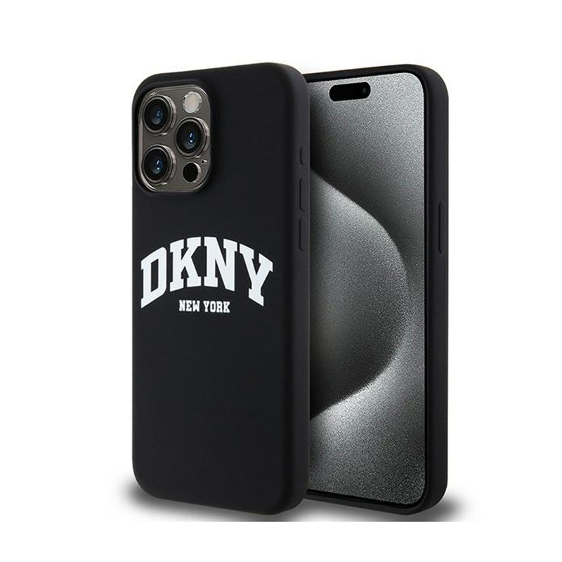 DKNY Skysto silikono dėklas su baltu atspausdintu logotipu ir MagSafe, skirtas iPhone 15 Pro Max (juodas)