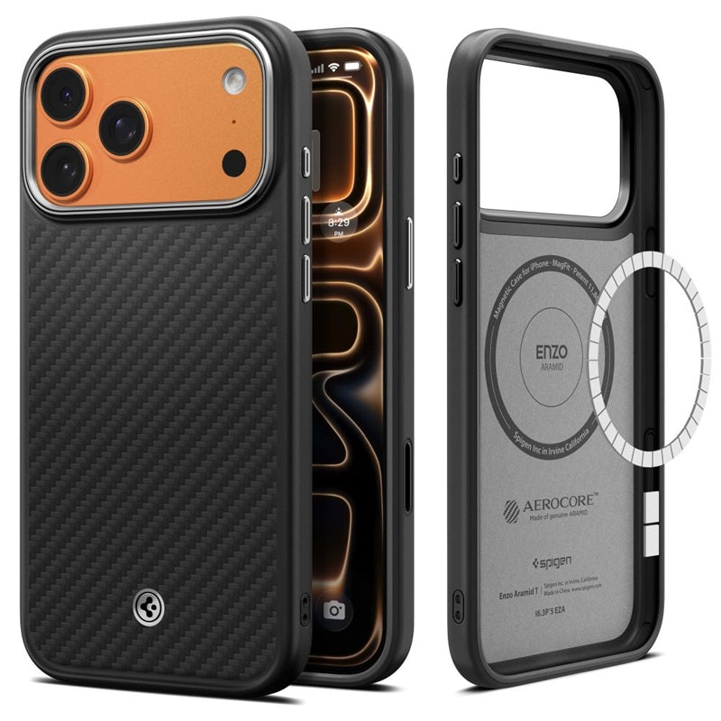 Spigen Enzo Aramid T Mag MagSafe - Dėklas iPhone 17 Pro (Juoda/Sidabrinė)