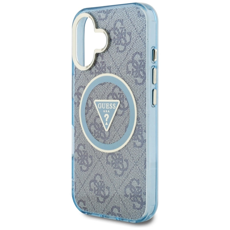 Guess IML Metal Glitter 4G Circle Triangle MagSafe – iPhone 16 dėklas (mėlynas)