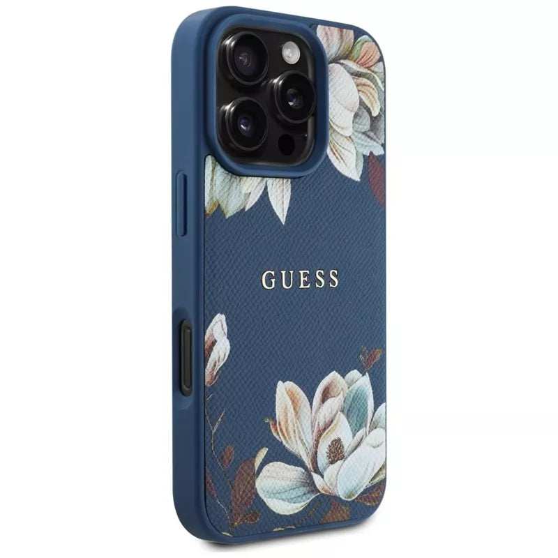 Guess Grained Printed Flower Pattern MagSafe - dėklas, skirtas iPhone 16 Pro (mėlynas)