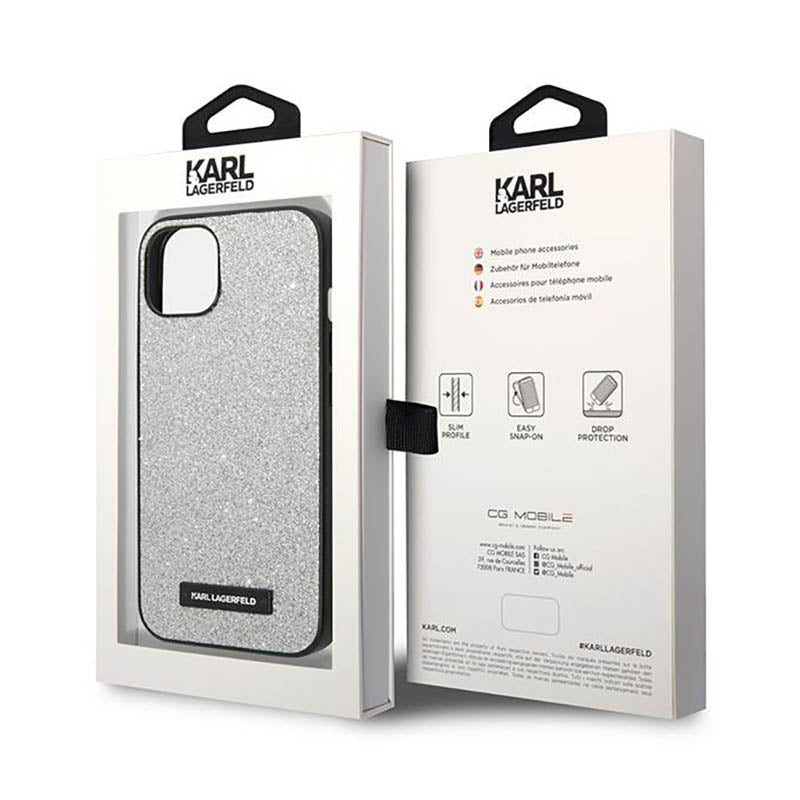 Karl Lagerfeld Glitter Plaque Logo – dėklas, skirtas iPhone 14 Plus (sidabrinis)