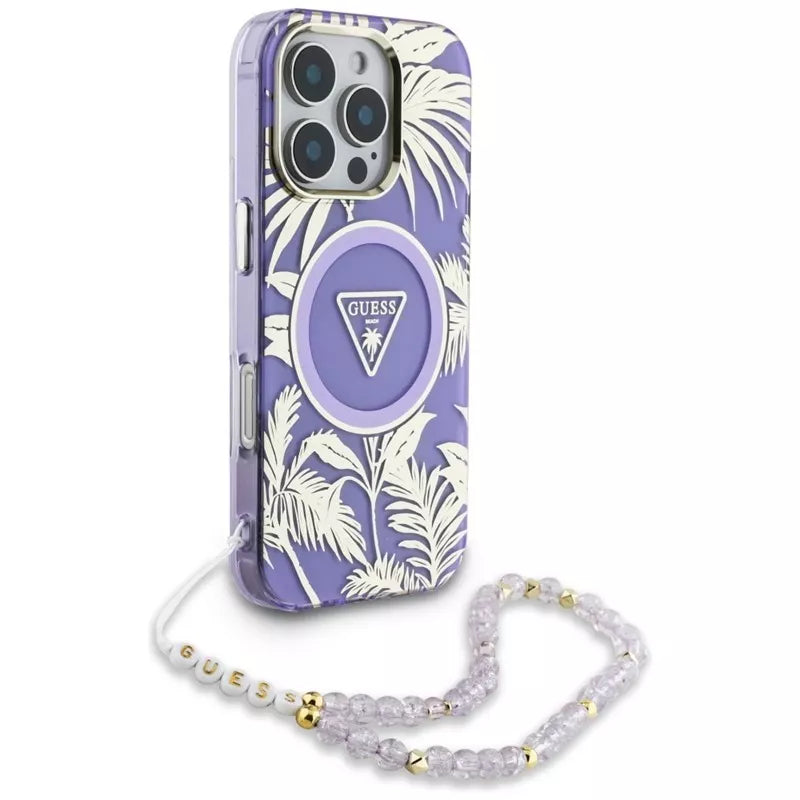 Guess Palm Trees Triangle Pearl Strap MagSafe – „iPhone 16 Pro Max“ dėklas (violetinis)