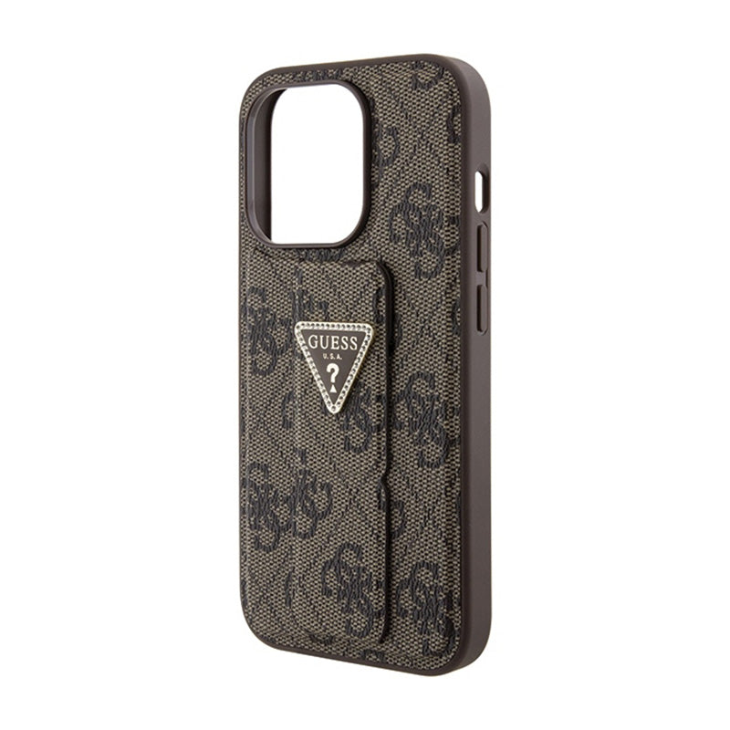 Guess Grip Stand 4G Triangle Strass Logo – „iPhone 15 Pro“ dėklas (rudas)