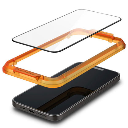 Spigen Alm Glass FC 2-Pack – Grūdintas stiklas iPhone 15 (2 vnt., juodu rėmeliu)
