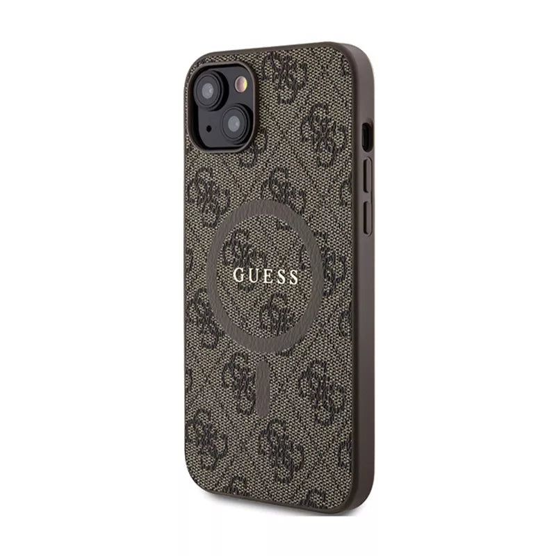 Guess 4G Collection Leather Metal Logo MagSafe – dėklas iPhone 15/14/13 (ruda)