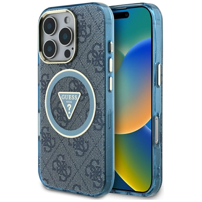 Guess IML Metal Glitter 4G Circle Triangle MagSafe – dėklas, skirtas iPhone 16 Pro Max (mėlynas)