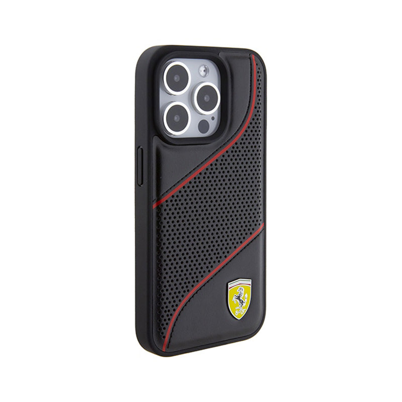 Ferrari Perforated Waves Metal Logo – iPhone 15 Pro dėklas (juodas)