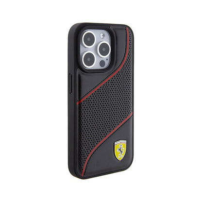 Ferrari Perforated Waves Metal Logo – iPhone 15 Pro dėklas (juodas)