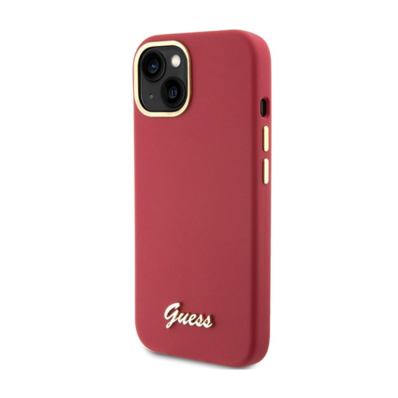 Guess Silicone Script Metal Logo & Frame - iPhone 15 dėklas (purpurinis)