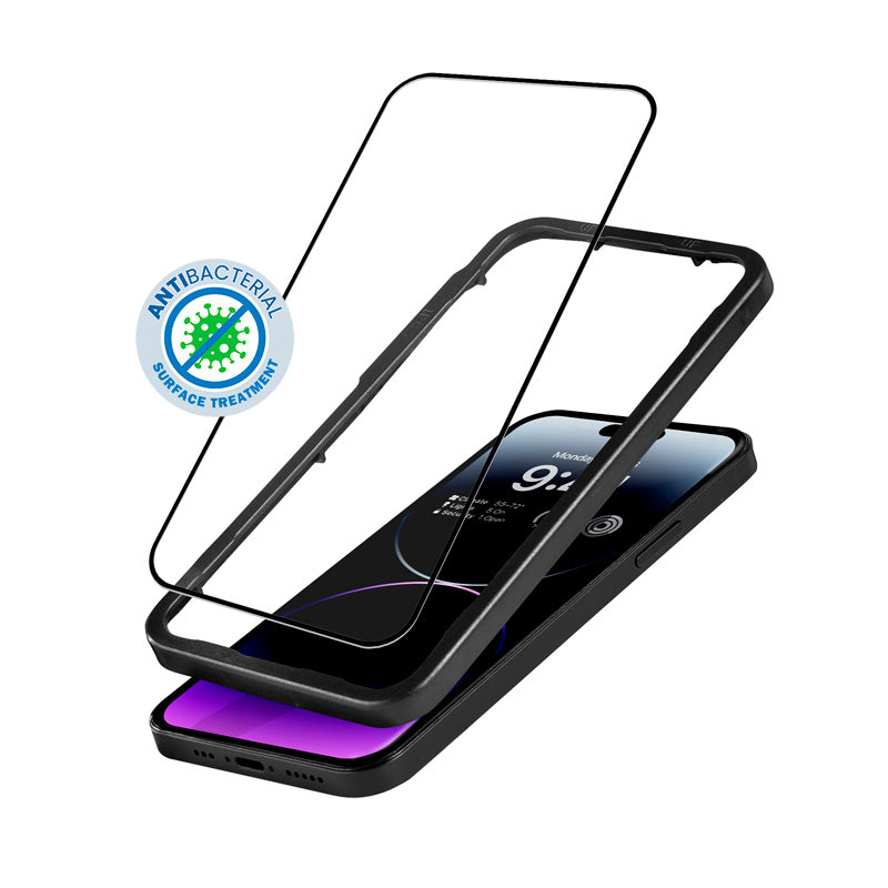 Crong Antibakterinis 3D Armor Glass - 9H grūdintas stiklas visam iPhone 14 Pro Max ekranui + montavimo rėmelis