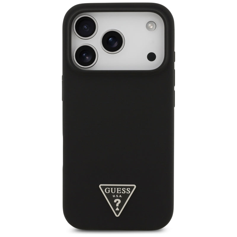 Guess Silikoninis MagSafe dėklas su Trikampio logotipu iPhone 17 Pro Max (juodas)