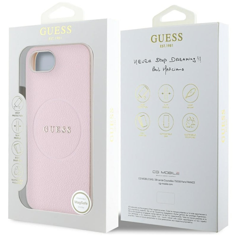 Guess Grained Ring MagSafe – dėklas, skirtas iPhone 16e (rožinis)
