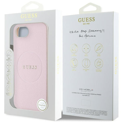 Guess Grained Ring MagSafe – dėklas, skirtas iPhone 16e (rožinis)