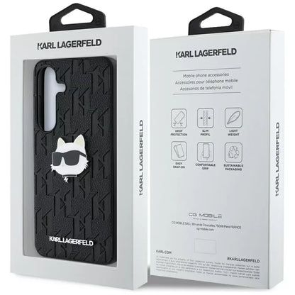 Karl Lagerfeld odos monograminis segtukas su Choupette galva – dėklas, skirtas Samsung Galaxy S25+ (juodas)