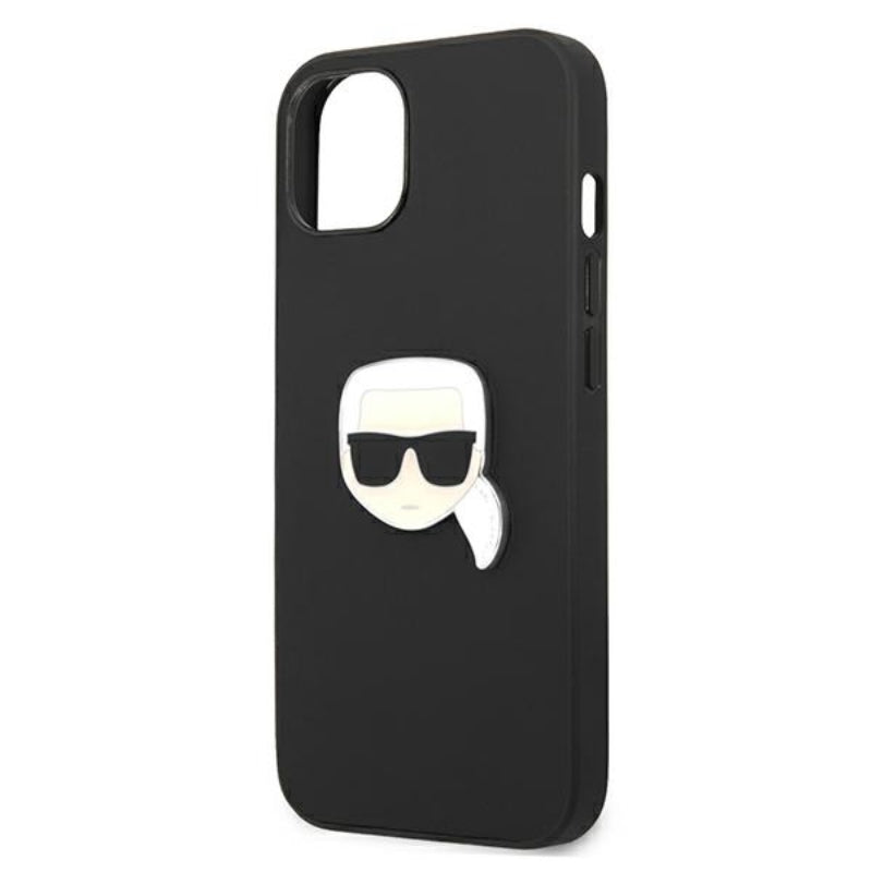 Karl Lagerfeld PU odinis Karlo galvos metalinis dėklas, skirtas „iPhone 13 mini“ (juodas)