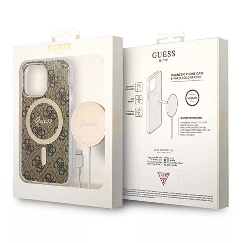 Guess Bundle Pack MagSafe 4G – dėklo rinkinys iPhone 13 Pro Max + MagSafe įkrovikliui (ruda/auksinė)