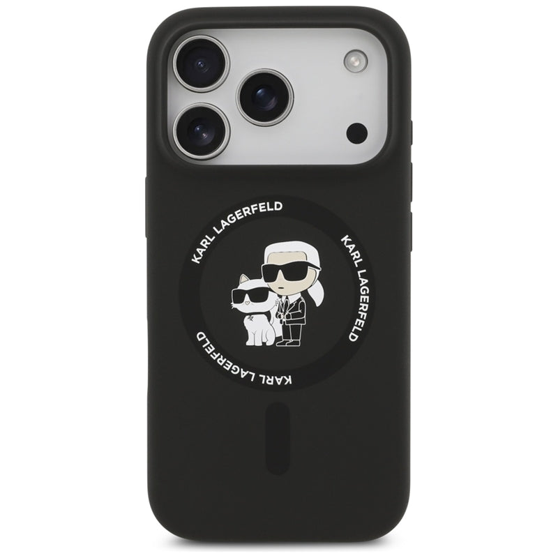Silikoninis dėklas iPhone 17 Pro su Karl & Choupette žiedu MagSafe (juodas) - Karl Lagerfeld