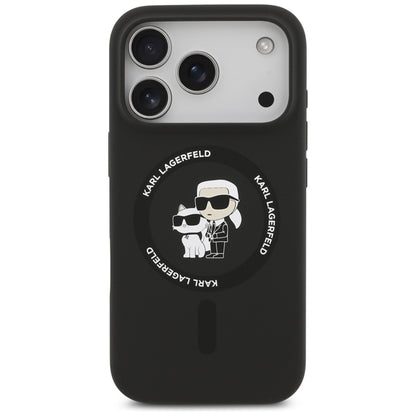 Silikoninis dėklas iPhone 17 Pro su Karl & Choupette žiedu MagSafe (juodas) - Karl Lagerfeld