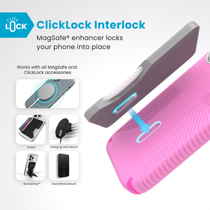 Speck Presidio2 Grip ClickLock & MagSafe – dėklas, skirtas „iPhone 16 Pro“ (tikra rožinė / ryški rožinė / balta)