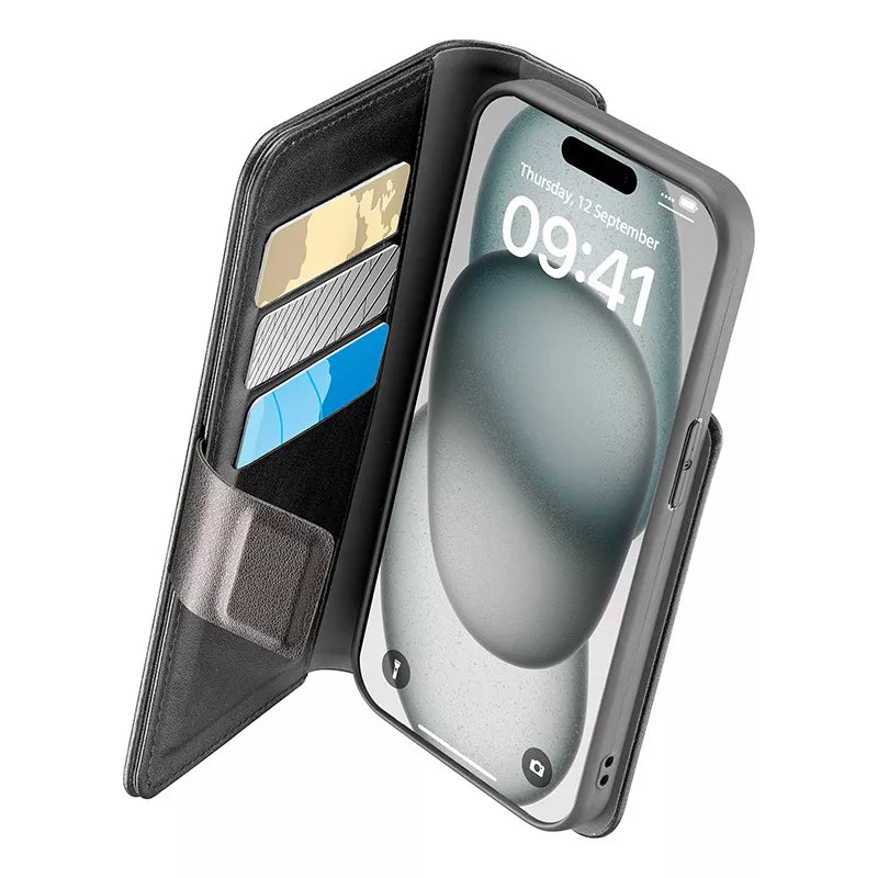 Cellularline Book Agenda – „iPhone 15“ dėklas su „MICROBAN“ danga (juodas)