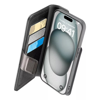 Cellularline Book Agenda – „iPhone 15“ dėklas su „MICROBAN“ danga (juodas)