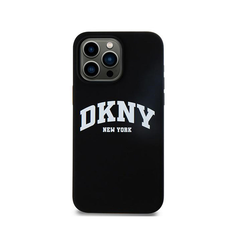 DKNY Skysto silikono dėklas su baltu atspausdintu logotipu ir MagSafe, skirtas iPhone 15 Pro Max (juodas)
