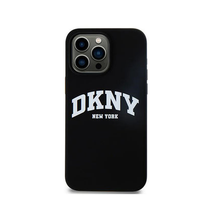 DKNY Skysto silikono dėklas su baltu atspausdintu logotipu ir MagSafe, skirtas iPhone 15 Pro Max (juodas)