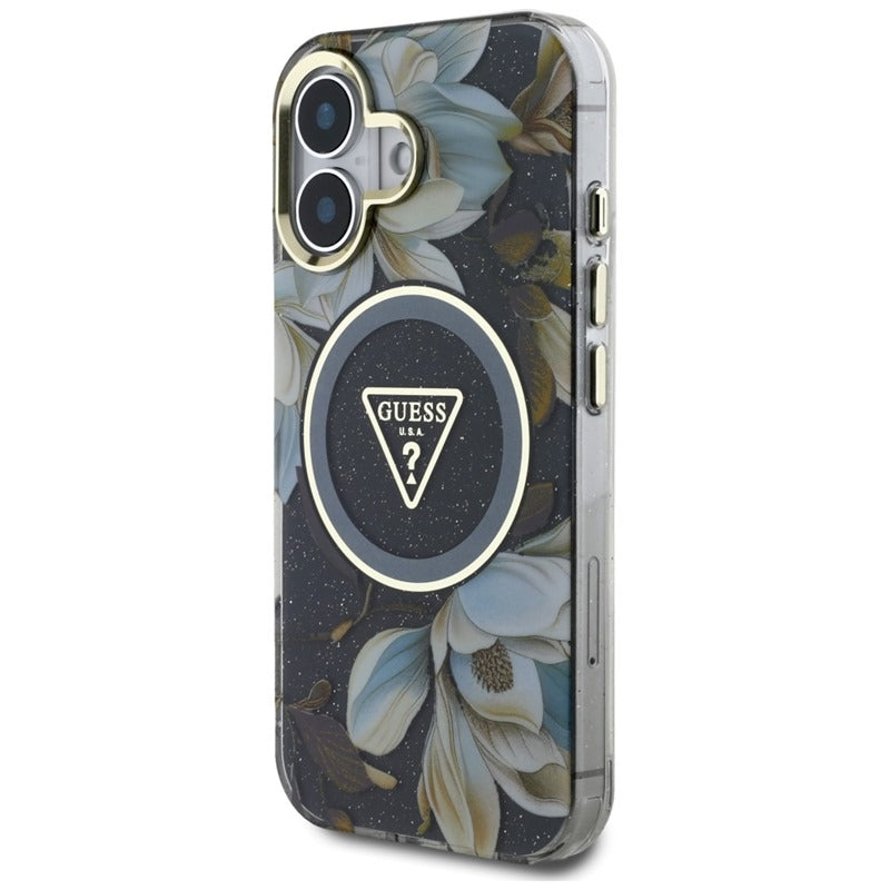 Guess Glitter Flowers Triangle Buttons MagSafe – dėklas iPhone 16 (juodas)