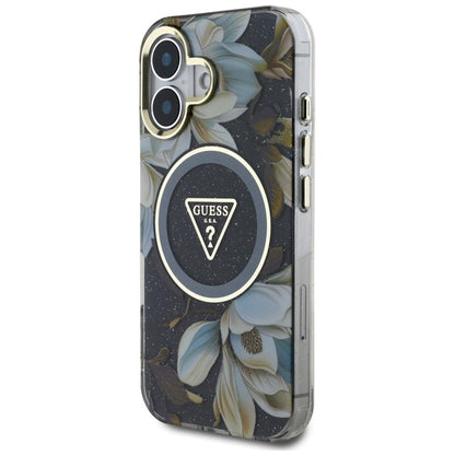 Guess Glitter Flowers Triangle Buttons MagSafe – dėklas iPhone 16 (juodas)