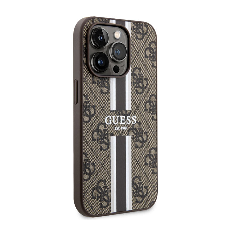 Guess 4G Printed Stripes MagSafe - dėklas, skirtas iPhone 14 Pro Max (rudas)
