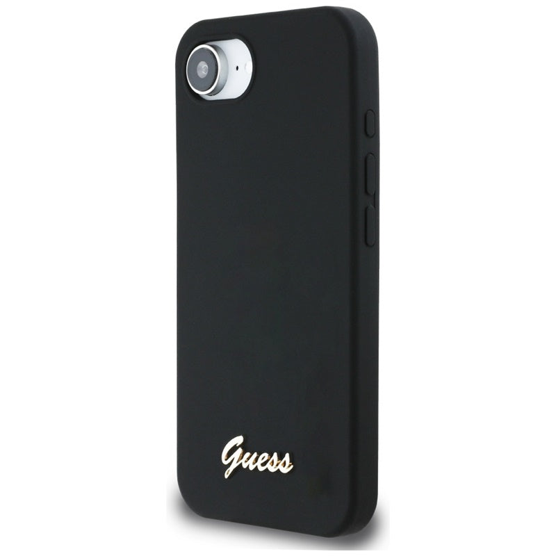 Guess Silicone Script Metal Logo MagSafe – dėklas, skirtas „iPhone 16e“ (juoda)
