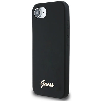 Guess Silicone Script Metal Logo MagSafe – dėklas, skirtas „iPhone 16e“ (juoda)
