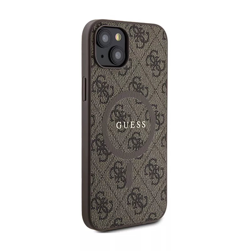 Guess 4G Collection Leather Metal Logo MagSafe – dėklas iPhone 15/14/13 (ruda)