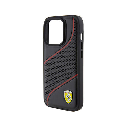 Ferrari Perforated Waves Metal Logo – iPhone 15 Pro dėklas (juodas)