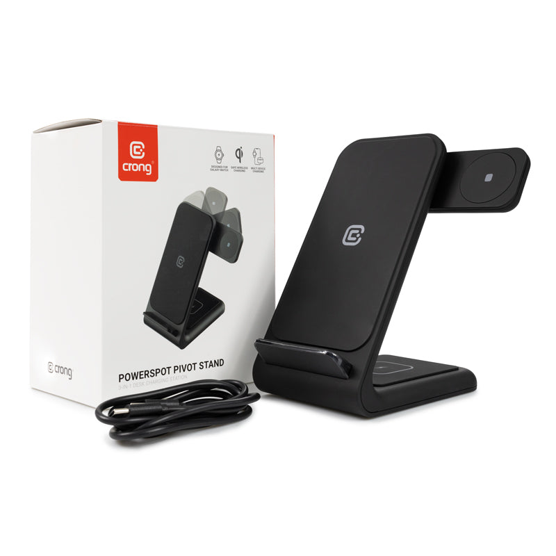 Crong – Rinkinys: GaN sieninis įkroviklis 35W ir belaidis įkroviklis PowerSpot Pivot Stand 3in1
