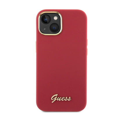 Guess Silicone Script Metal Logo & Frame - iPhone 15 dėklas (purpurinis)