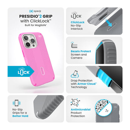 Speck Presidio2 Grip ClickLock & MagSafe – dėklas, skirtas „iPhone 16 Pro“ (tikra rožinė / ryški rožinė / balta)