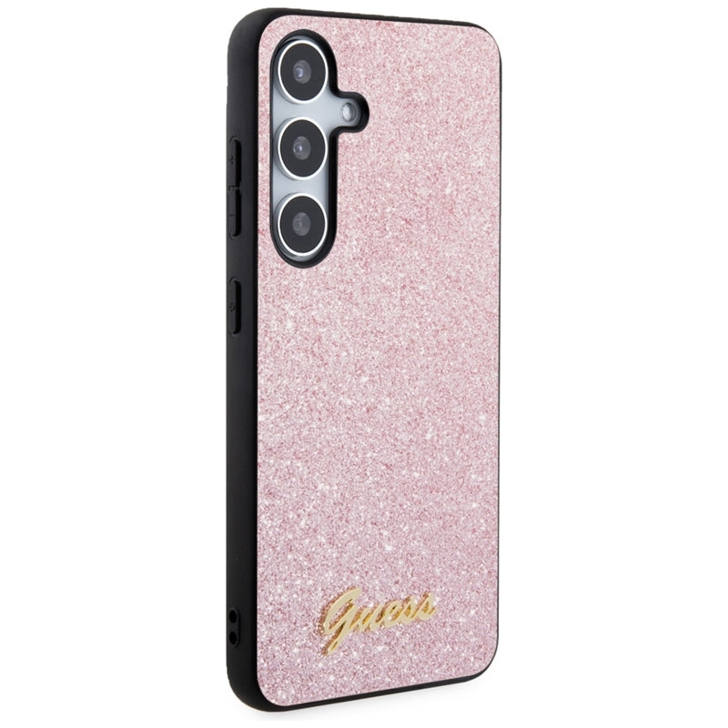 Guess Glitter Flakes Metal Logo dėklas – dėklas skirtas Samsung Galaxy S24 (rožinės spalvos)
