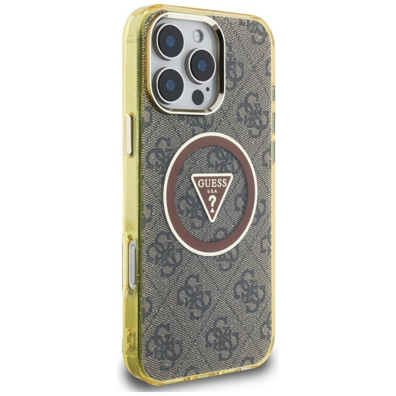 Guess IML Metal Glitter 4G Circle Triangle MagSafe – dėklas, skirtas iPhone 16 Pro Max (rudas)