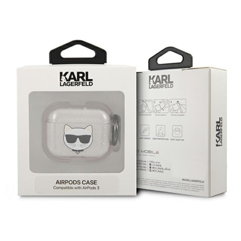 Karl Lagerfeld Choupette galvos blizgučiai - dėklas „AirPods 3“ (sidabras)