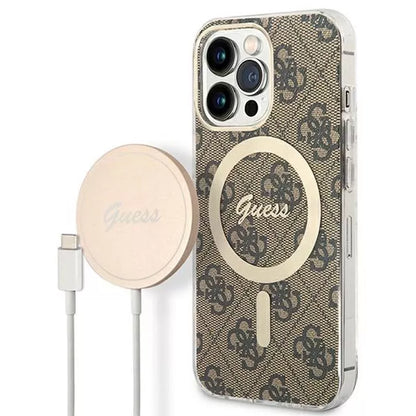 Guess Bundle Pack MagSafe 4G – dėklo rinkinys iPhone 13 Pro Max + MagSafe įkrovikliui (ruda/auksinė)